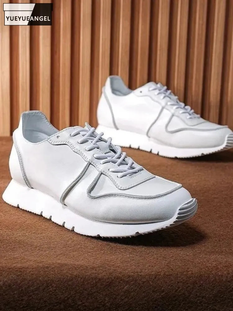 Mens Fashion White Casual Shoes Lace Up Genuine Leather Sneakers Vintage Ventilation Comfortable Thick Bottom Jogging Shoes Male KilyClothing