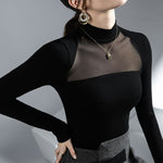 Half Turtleneck Net Yarn Black Patchwork Slim Woman Clothes, Long Sleeve Upper Garment KilyClothing