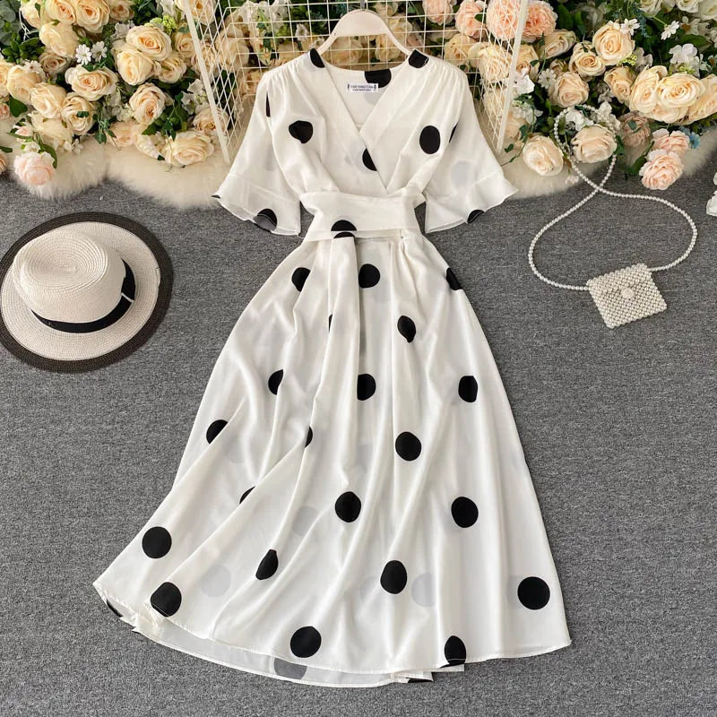 Chic Fashion Polka Dot Print Women Dress Summer Elegant Vintage Bandage Slim Waist KilyClothing