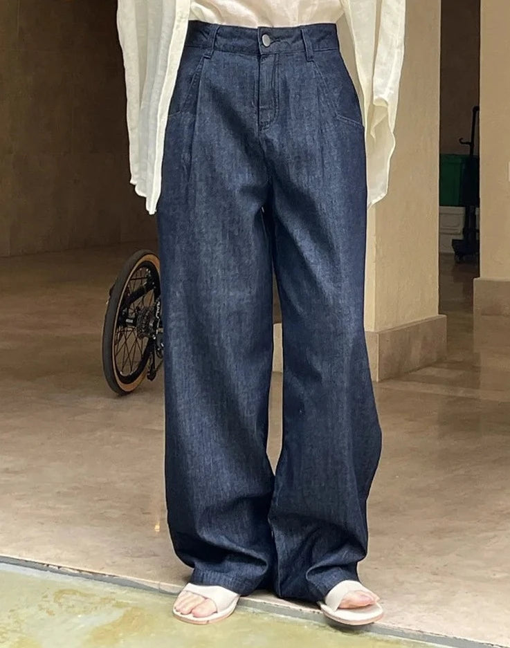 Vintage Soft Wide Leg Jeans Women High Waist Loose Silhouette Breathable Denim Trousers Female