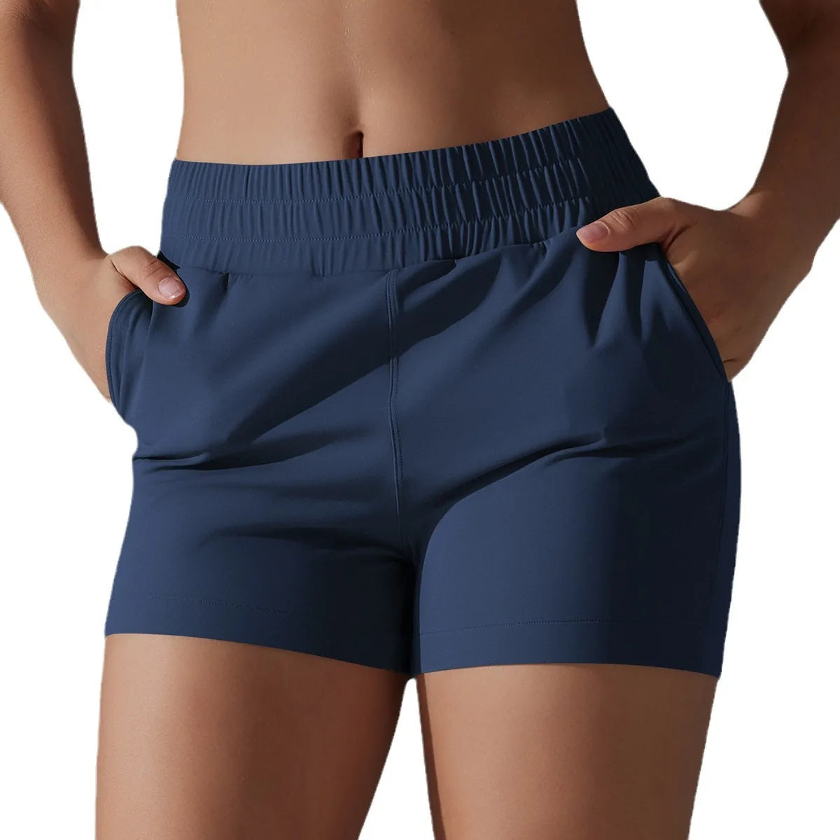 Pantalones cortos de yoga ajustados con bolsillos de color sólido y curvas, ropa deportiva para correr, fitness, ocio y yoga, pantalones de tres puntos