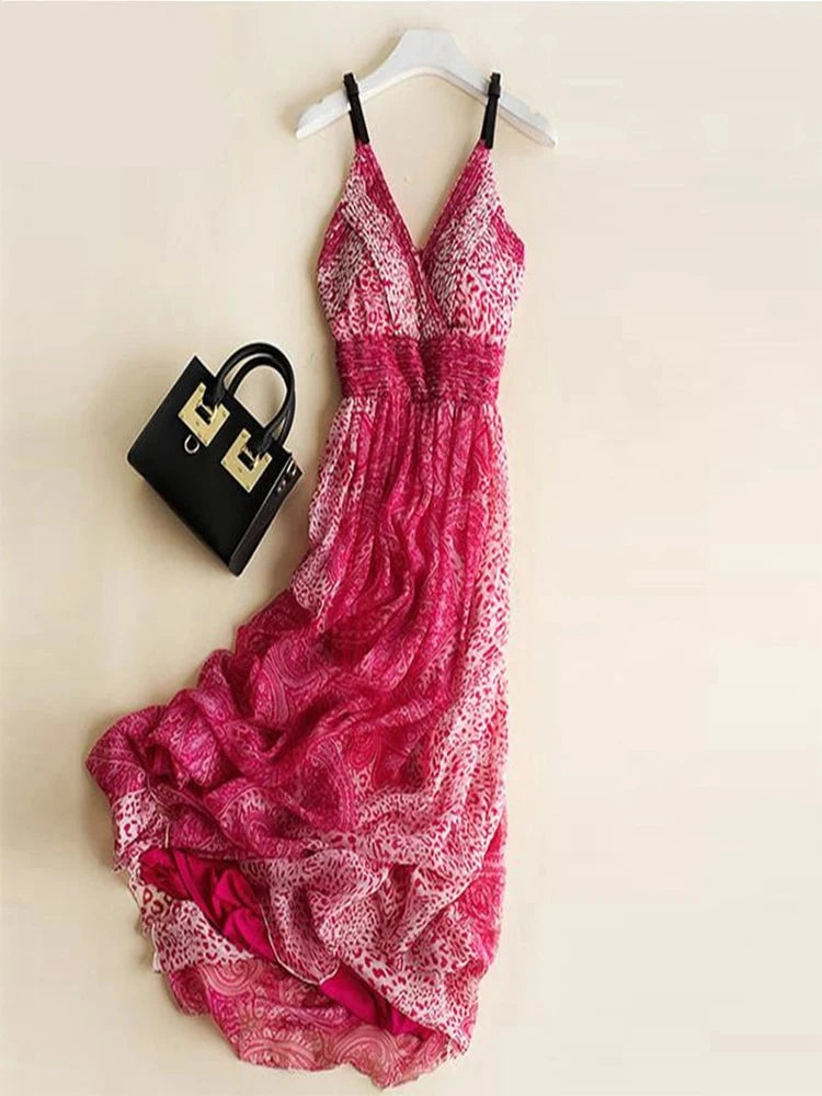 Dress 100%Mulberry Silk, Long Dresses Sleeveless Print Beach Dress Sling Dresses Woman Clothes Summer KilyClothing