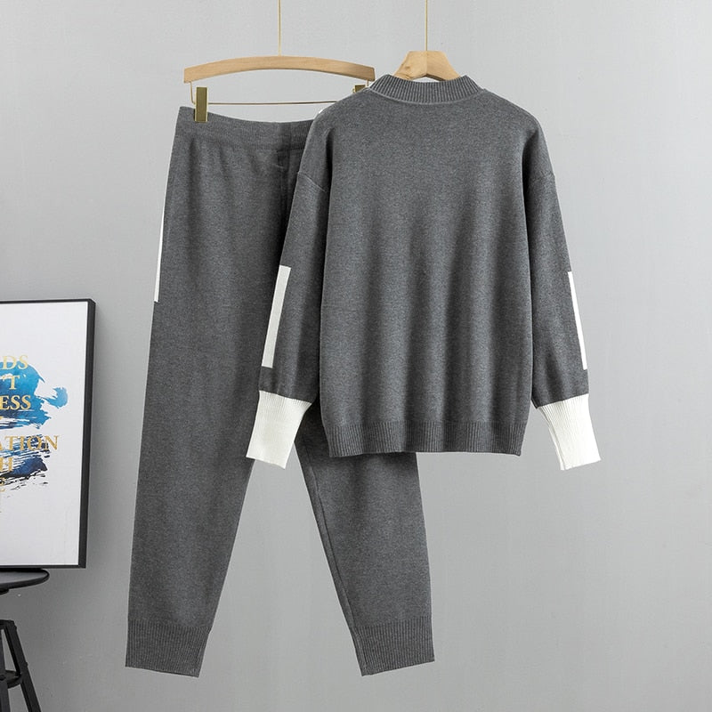 2 Pieces Set Knitted Long Sleeve Pullovers Sweater Casual Patchwork Fashion Women Tops and Pants KilyClothing
