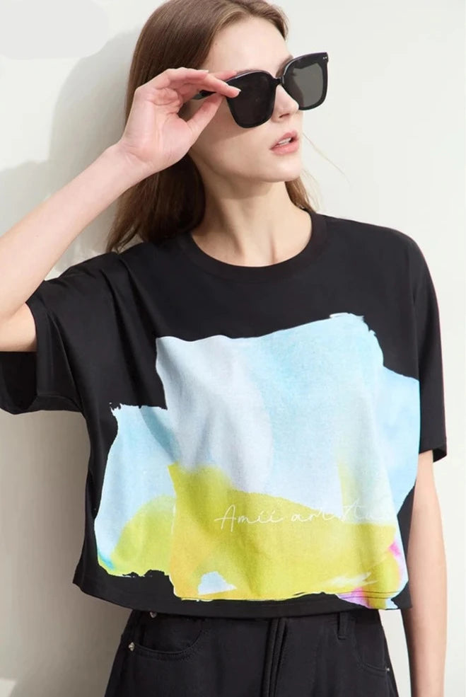 Camisetas minimalistas para mujer, novedad de verano, informal, cuello redondo, costuras en contraste de tinta, gráfico corto