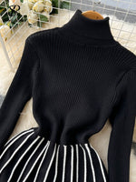 SINGREINY Turtleneck Striped Pleated Knitted Dress Long Sleeve Thick Elastic Warm Dress Women Winter Vinage Chic Sweater Dress KilyClothing