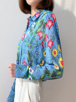 Silk Shirt 100% Mulberry Silk Crepe Silk Blue Floral Printed Buttons Down Long Sleeve KilyClothing