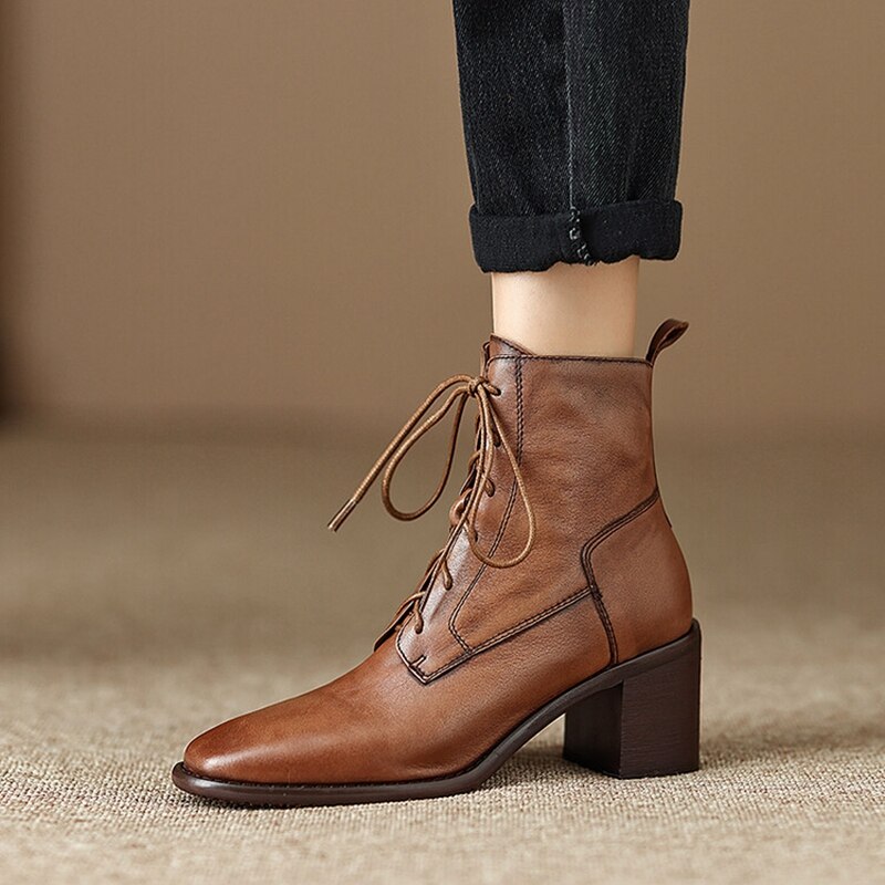 Genuine Leather Boots Square Toe Chunky Boots for Women Casual Winter ladies KilyClothing