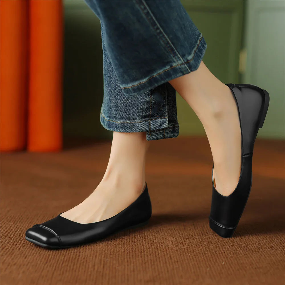 Women's Flats, Spring Summer Concise Square Toe, Genuine Leather Concise Basic Office Lady Working Shoes Woman KilyClothing