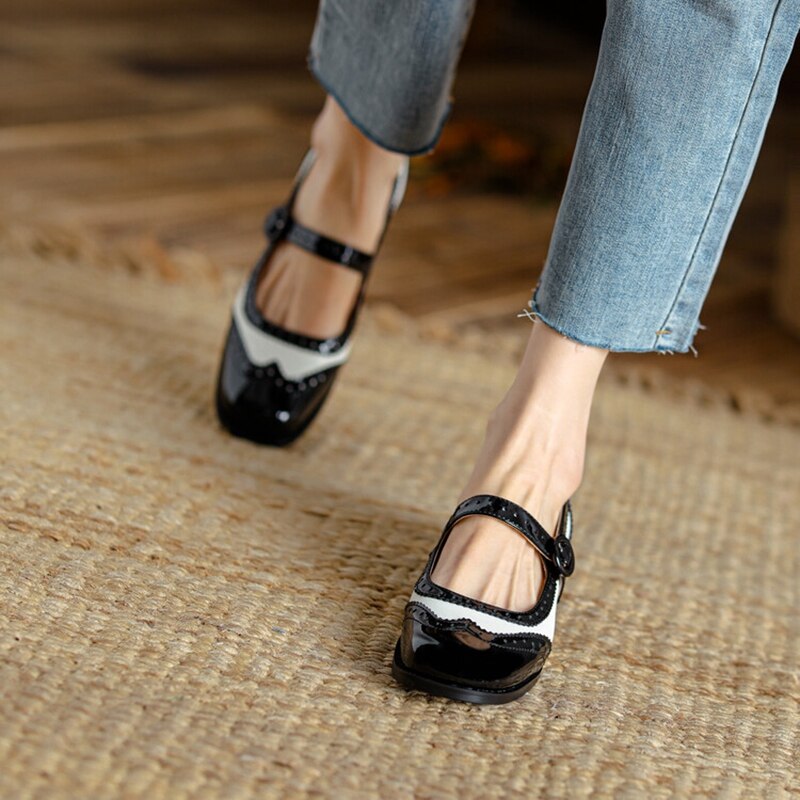 Square Toe Chunky Heel Mary Janes Mixed Color Women Pumps Patent Leather Shoes KilyClothing