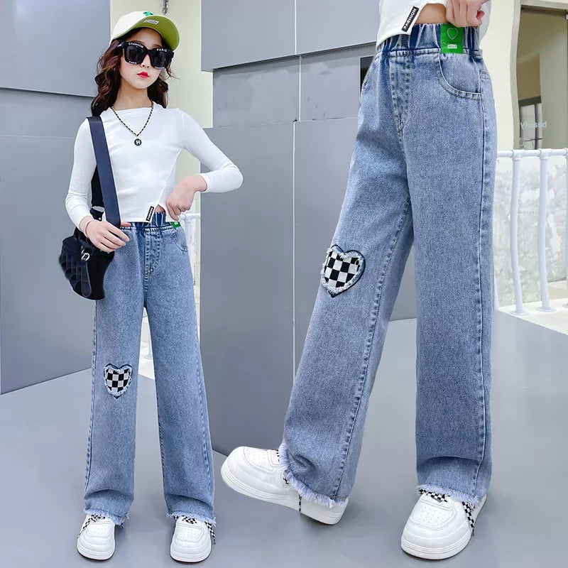 Jeans For Girsl, Teenage Clothes, Elastic High Waist Denim Wide Leg Pants Spring 5-14Y