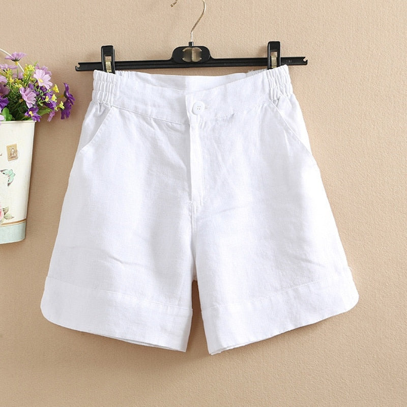 Loose Shorts Cotton Linen Solid Color Wide Leg High Waisted KilyClothing