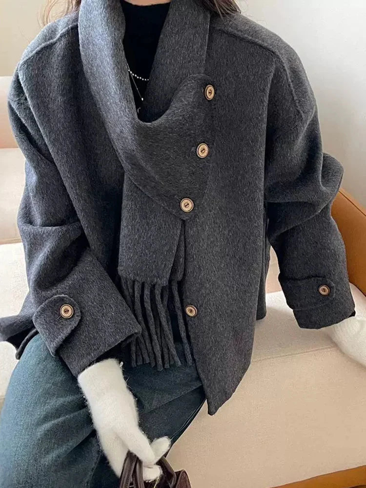 Korean Style Wool Short Coat Women Scarf Collar Design Single Breasted Clothing Fashion Female Winter