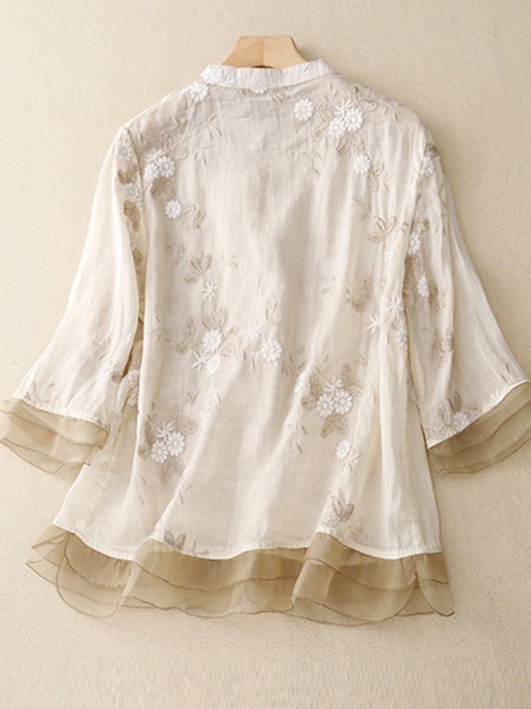 High Quality Embroidery Shirt Women Vintage Style Half High Collar KilyClothing