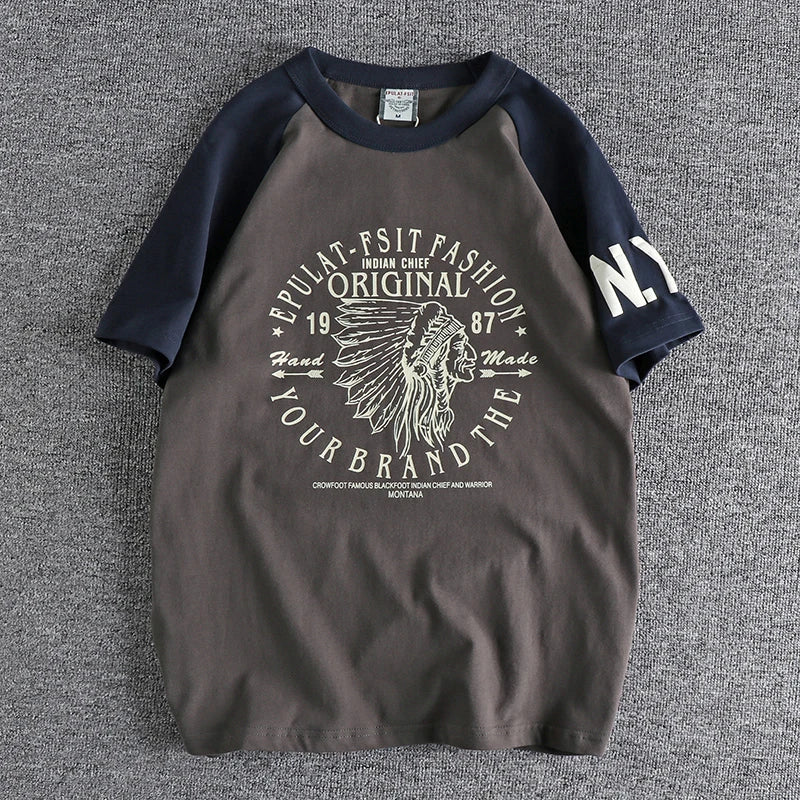 Camiseta Retro de manga raglán con cuello redondo y letras estampadas para hombre, Tops deportivos informales lavados de algodón 100% sencillos a la moda