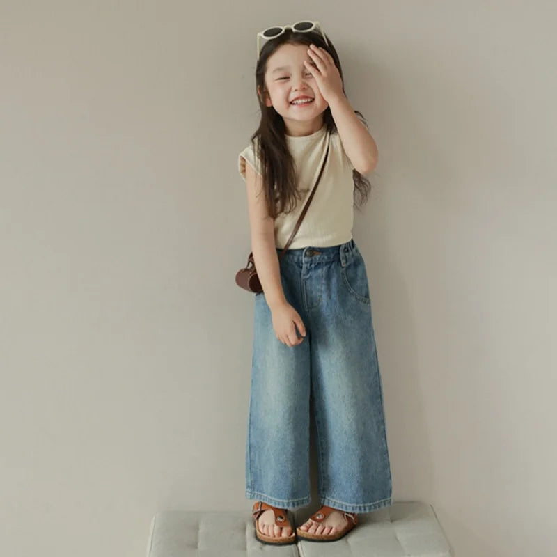 Kids High Waist Wide-Leg Jeans for 3-8Y Girls Solid Multi-Pocket Elastic Waist Casual Fashion Kids