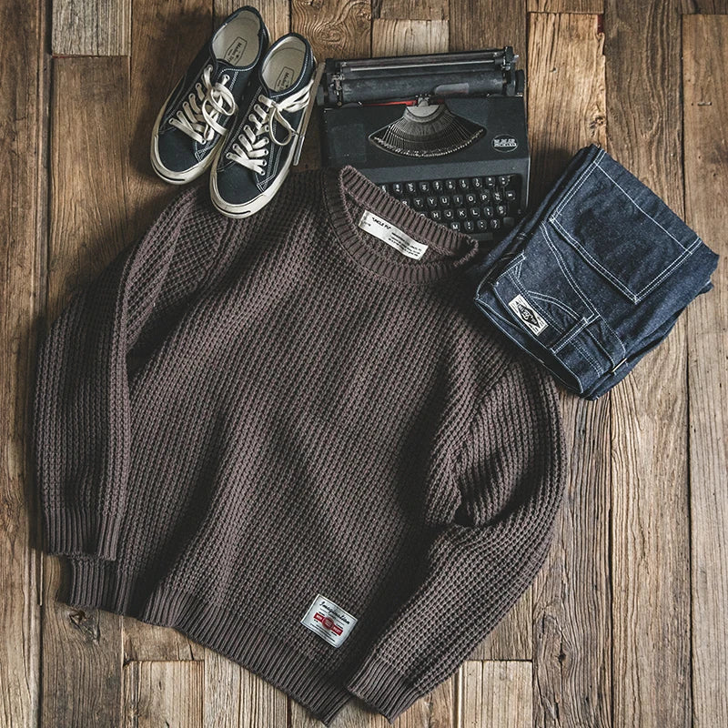 Ropa de trabajo estilo retro con cuello redondo engrosado para otoño e invierno suéter de punto suelto ropa de hombre