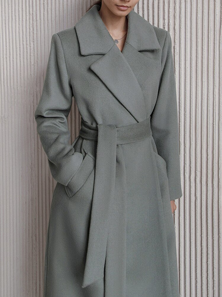 Long Woolen Coat With Waistband Lapels All-match Thick KilyClothing