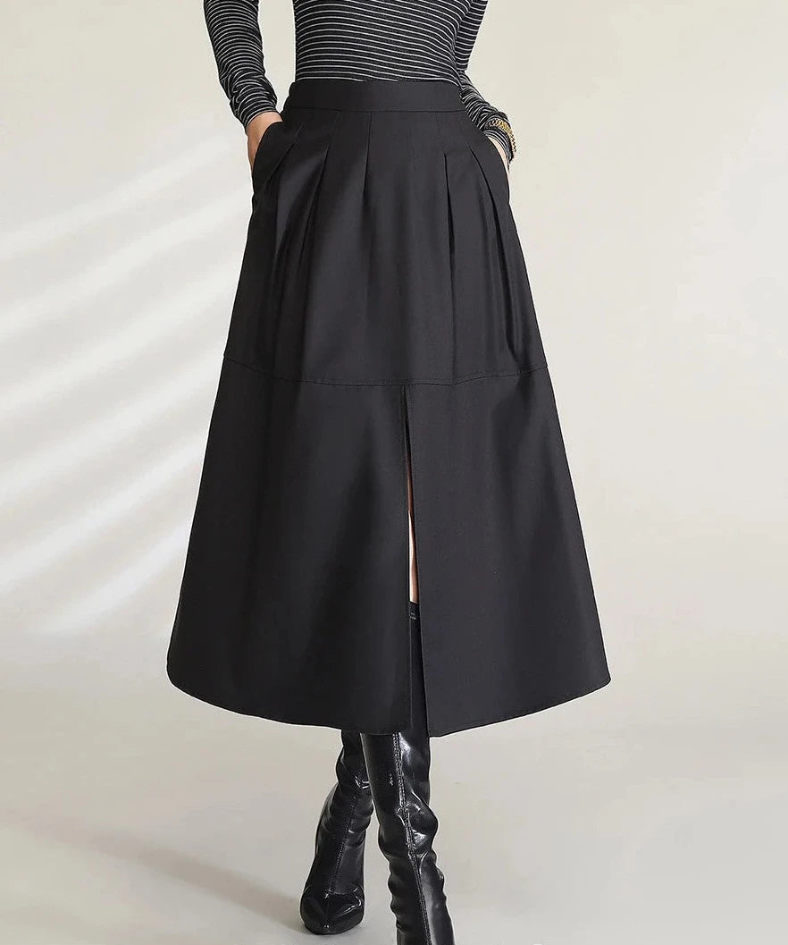 Faldas midi negras elegantes para mujer, falda larga informal de cintura alta con abertura y bolsillos