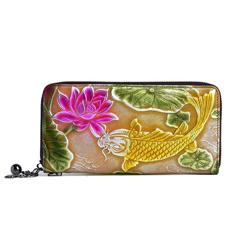 New Genuine  Embossed Leather Women Long Wallet Floral Fish Pattern Handy Bag Chinese Style Clutch Zipper Bag Female Wrist Purse KilyClothing