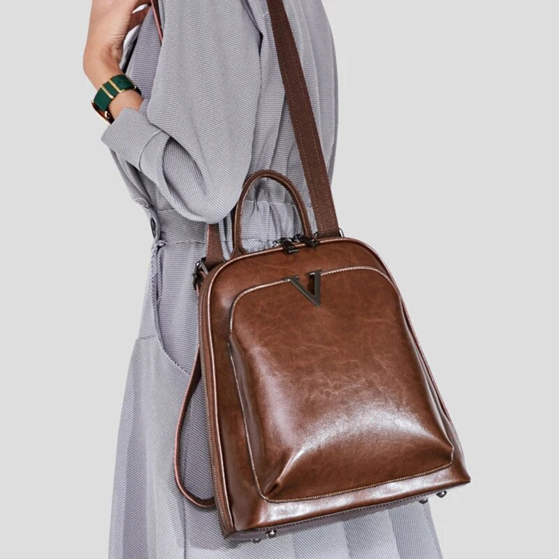 Genuine Leather Backpack New Oil Wax Cowhide Women Rucksack Single Shoulder Bags Simple Fashion Knapsack  Grils School Daypack KilyClothing