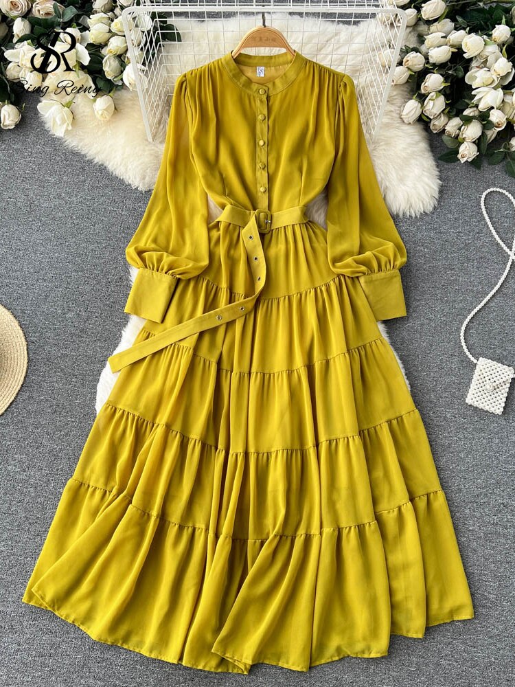 SINGREINY Autumn Retro Beach Pleated Dress Women Lantern Sleeve French Single Breasted 2022 Fashion Chiffon A Line Long Dress KilyClothing