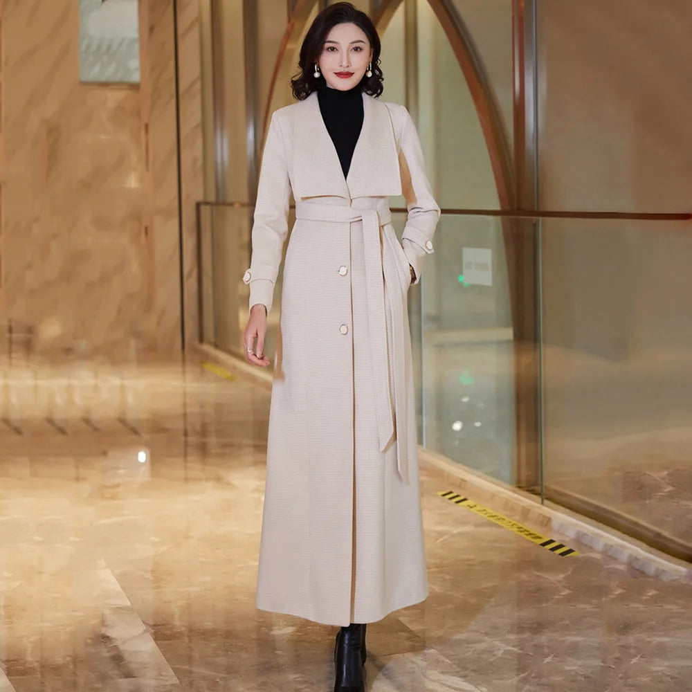 New Autumn Winter Beige Wool Overcoat For Women Elegant Fashion Turn-down Collar Single Breasted Slim Wool Blended Coat