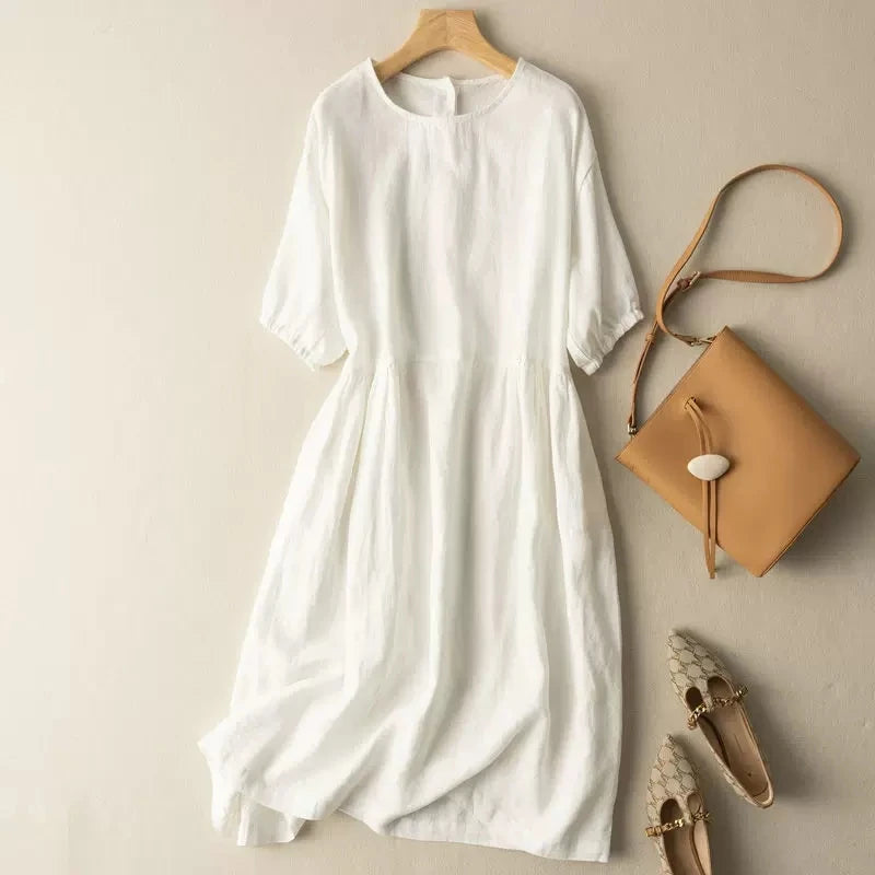 Vestidos elegantes Vintage para mujer, vestido veraniego holgado informal con mangas abullonadas de algodón, Vestidos lisos minimalistas