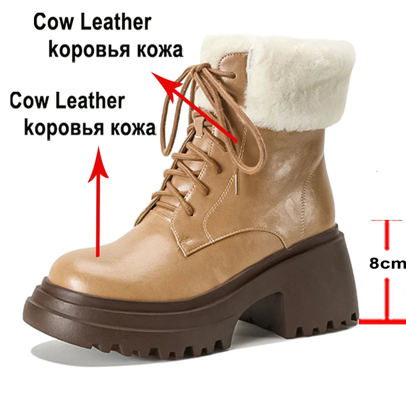 Meotina Women Genuine Leather Ankle Short Boots Round Toe Thick High Heels Wool Zipper Lace-up Combat Boots Ladies Shoes Winter