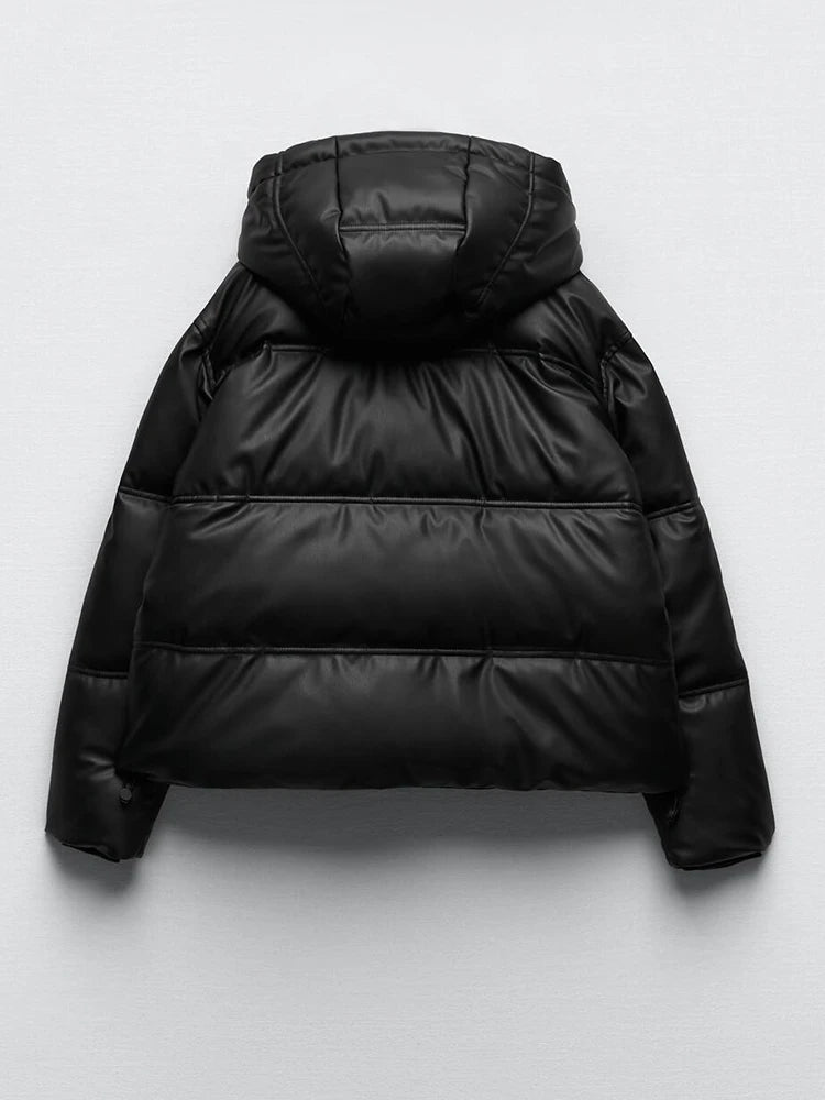 Faux Leather Puffer Jacket, Warm PU Snow Hooded Parka Female Casual Loose Coat Zipper Long Sleeve Overcoat KilyClothing