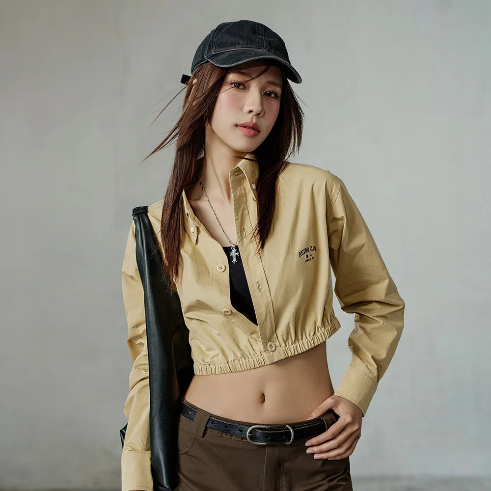 Crop Top Lapel Short Shirt for Women Cotton Letter Embroidery Long Sleeve Khaki Top