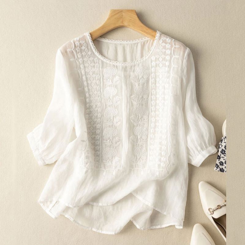 Vitage Lace Crochet Blouse Women 3/4 O Neck Sleeve Tops Embroidery KilyClothing