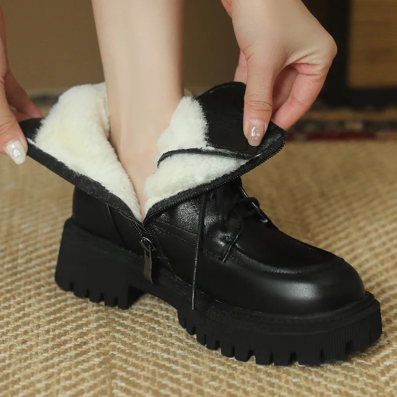 Women Ankle Boots Winter Warm Outdoor Leisure Snow Motorcycle Boots Genuine Leather Thick Heels Platforms Shoes Woman