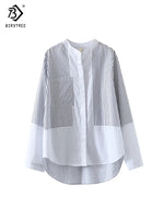 Women Striped Print Cotton White Shirt Loose, Full Sleeve, Stand Collar, Long Blouse Casual Office Wear Basic KilyClothing