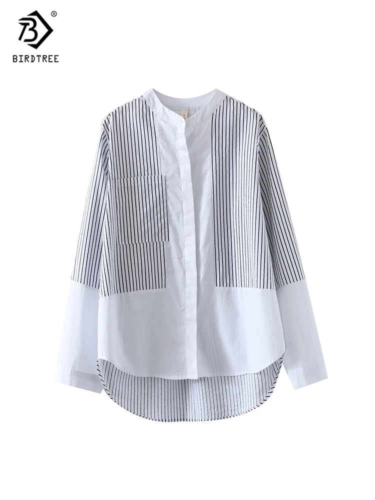 Women Striped Print Cotton White Shirt Loose, Full Sleeve, Stand Collar, Long Blouse Casual Office Wear Basic KilyClothing