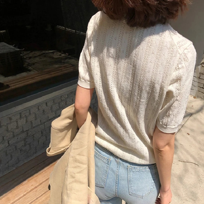 100% Cotton for Women Hollow-out Sweater or T-shirt Short-sleeve O-Neck Pullover casual knitted top KilyClothing