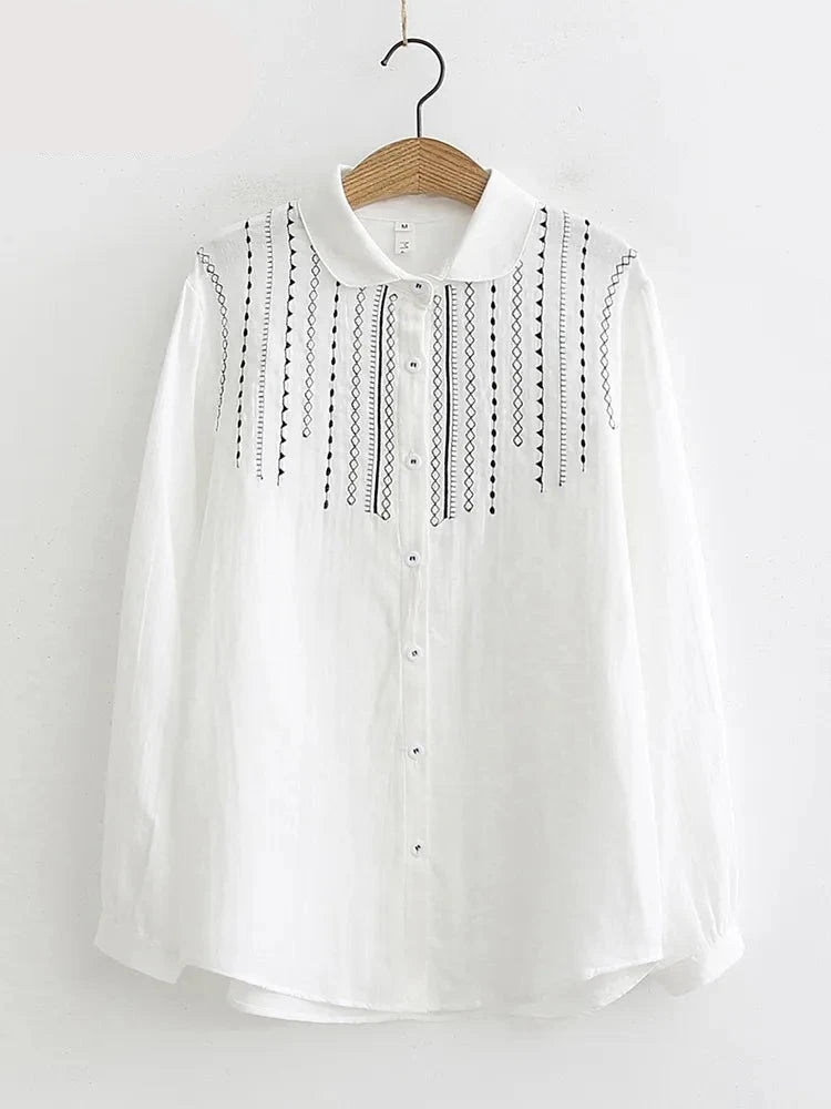 2 Layer Cotton shirt for woman, White Shirts, Embroidery, Full Sleeve, Pockets, Loose Blouse Casual Tops Spring KilyClothing