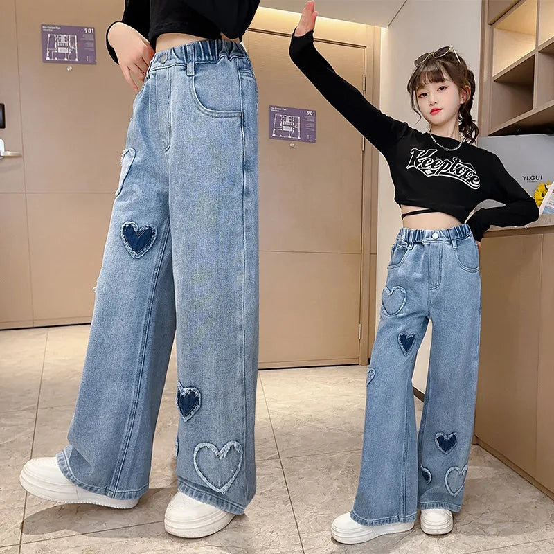 Teenager Girls Denim Wide Leg Pants Trousers Love Pattern Girls Jeans 5-14 Years