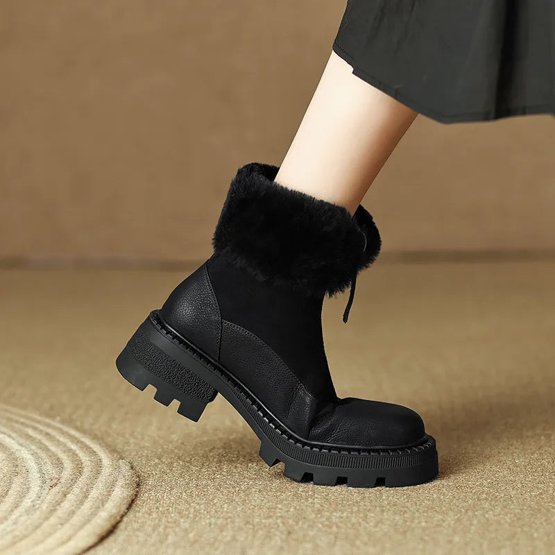 Women Snow Ankle Boots Front Zipper Winter Warm Thick Plush Leisure Working Genuine Leather Thick Heels Shoes Woman