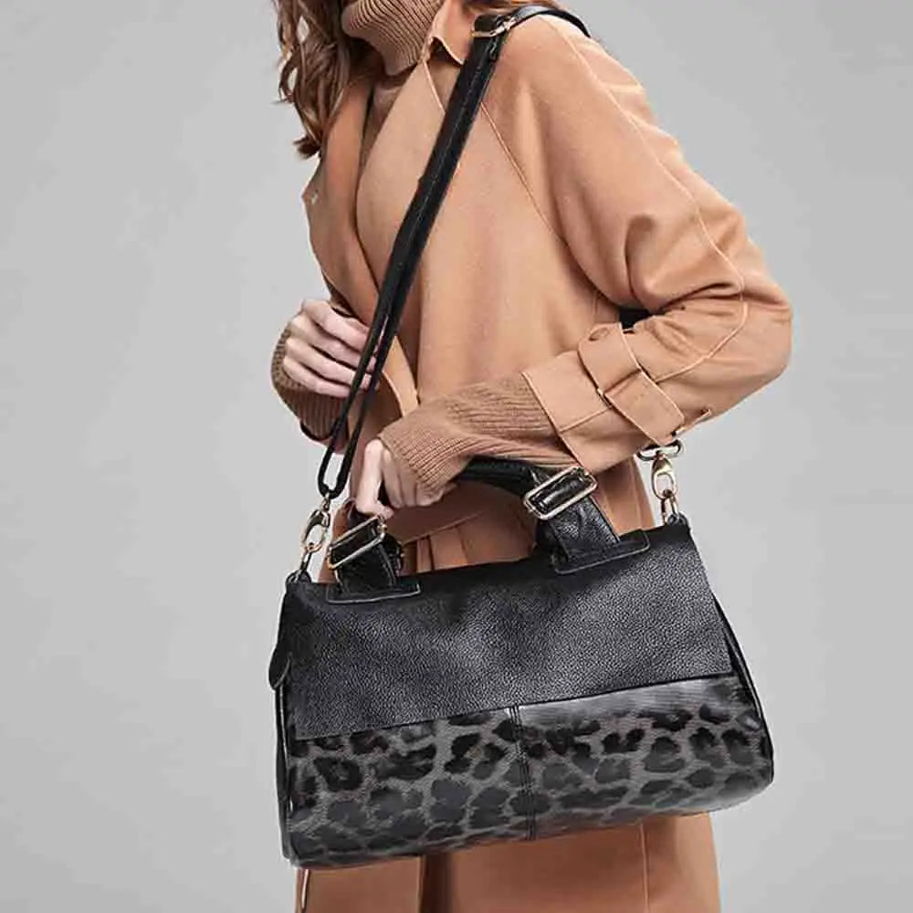 Cow Leather Leopard Print Bag for Women, Handbag Luxury Designer Natural Leather Tote Shoulder Lady Purses KilyClothing