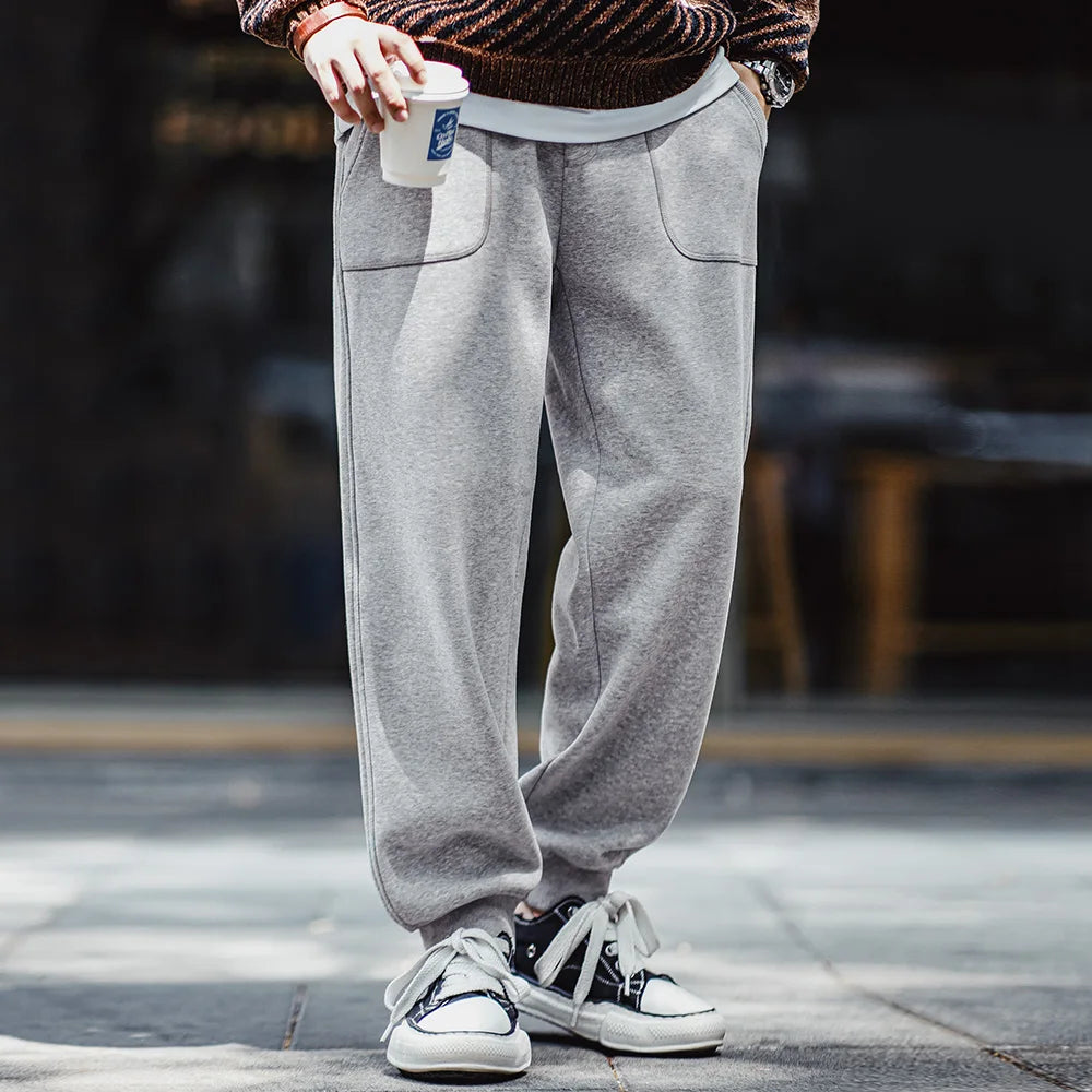 Retro Fleece Sweatpants Solid  Sporty Casual with Elastic Waist Tapered Pants for Men's Autumn and Winter’s Warm Trousers