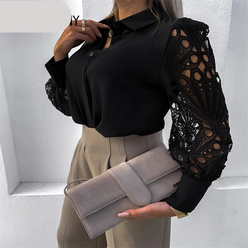 Elegant Vintage Blouse Women Lace  Long Sleeve Lapel V Neck KilyClothing