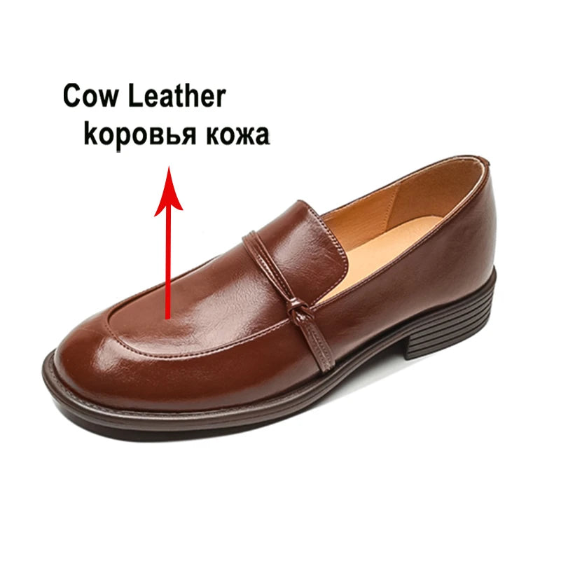 Meotina Women Genuine Leather Loafers Round Toe Flats Concise Design Ladies Fashion Casual Shoes Spring Autumn Black Brown 40