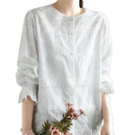 Cotton Shirts for Women, Round Collar, full sleeve with floral embroidery, Hollow Out Casual Blouses for Spring KilyClothing