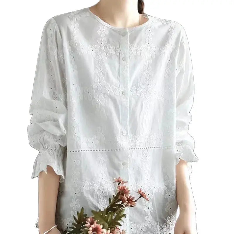 Cotton Shirts for Women, Round Collar, full sleeve with floral embroidery, Hollow Out Casual Blouses for Spring KilyClothing