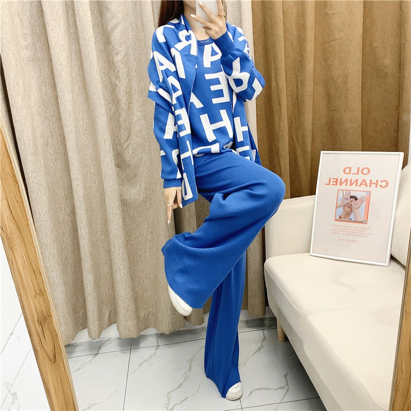 Knited Letter Sweater + Pants + Cape Scarf 3PCS Suits Cappa Wraps Wide Leg Trousers set KilyClothing