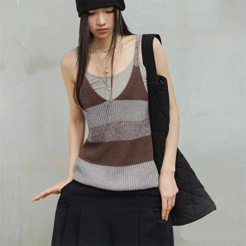 Vintage Striped Camisole Women Summer Loose Color-blocked V-Neck Vest Cotton Knit Sleeveless Medium Elasticity