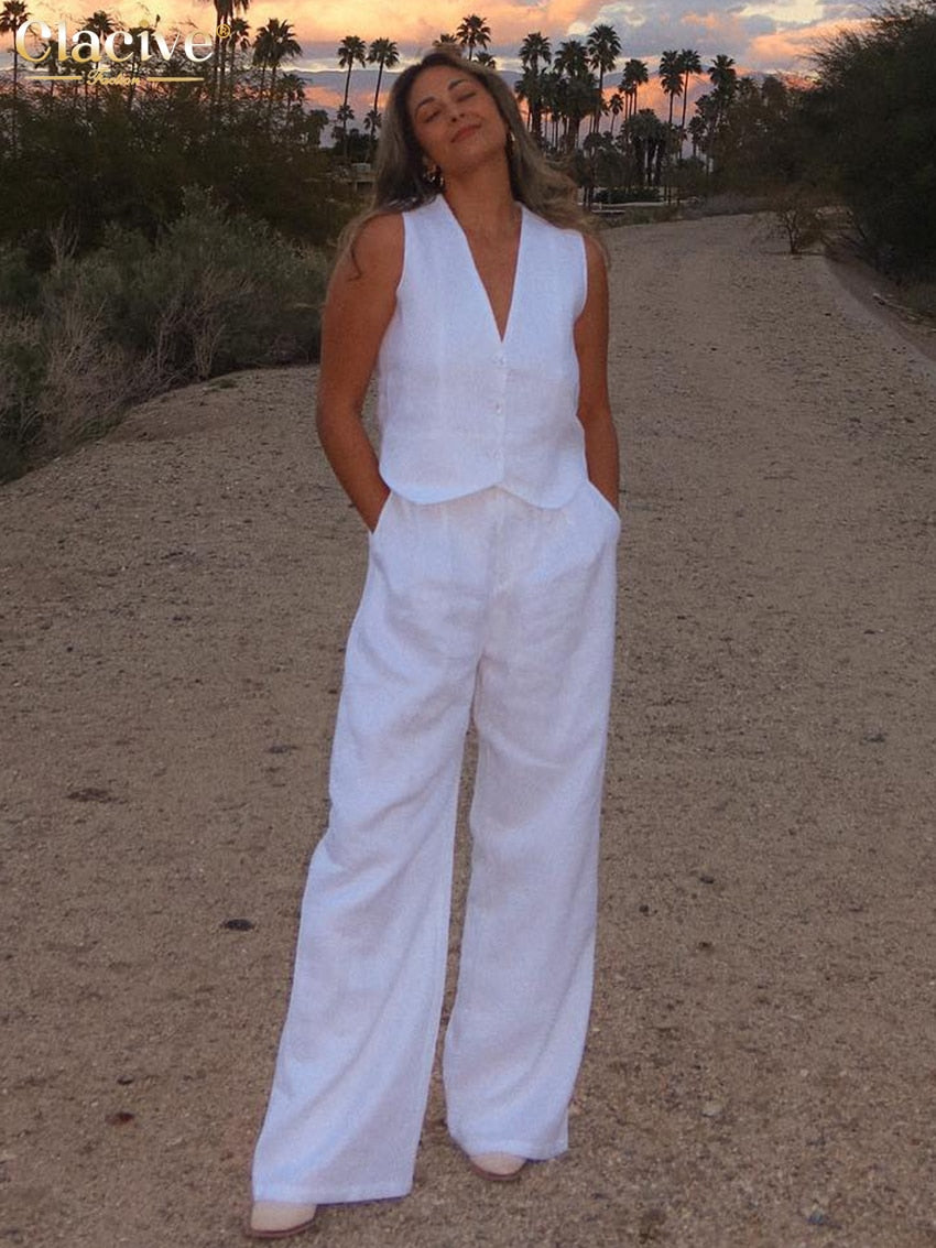White Linen Two Piece Set Sleeveless Tank Top New In Matching High Waist Wide Pants Set KilyClothing