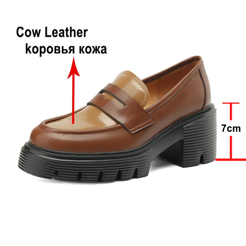 Meotina Women Genuine Leather Loafers Pumps Round Toe Chunky High Heels Platform Ladies Fashion Shoes Spring Autumn Black Brown