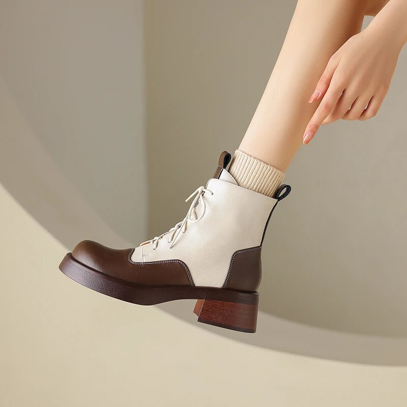 Ankle Boots Genuine Leather Block Heel Lace Up Mixed Colors Warm Footwear Winter Flat Retro Short Boots KilyClothing