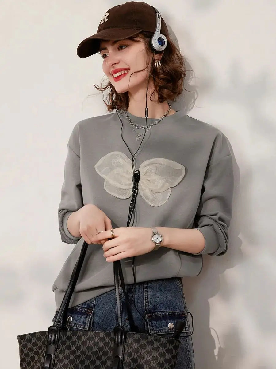 Women Sweatshirt, New Round Neck Long Sleeve 3D Dragonfly Decoration Loose Fit Casual Pullover Women's Top